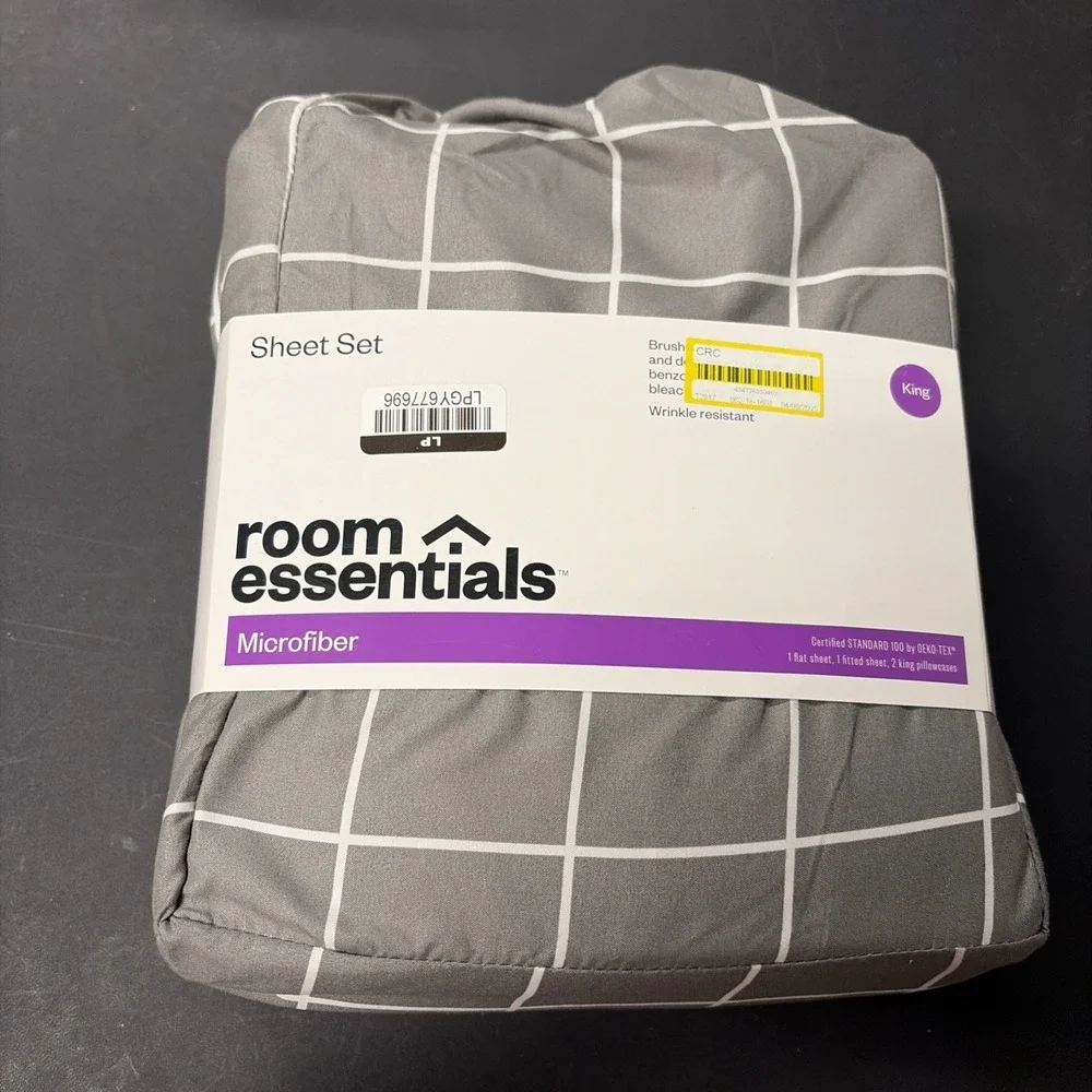 Room Essentials KING Microfiber Wrinkle Resistant Sheet Set Gray W/ Stripes 504